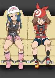 2girls ankle_cuffs bondage box_tie captured clothed dawn_(pokemon) may_(pokemon) pokemon pokemon_character restrained seatbelt seated sitting straps struggling tied tied_up