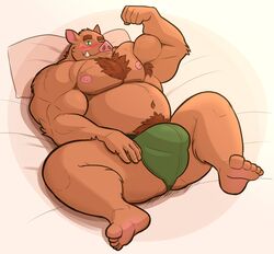 2021 absurd_res anthro bed bedding bedding_background belly biceps big_bulge big_muscles blush body_hair bulge chest_hair clothing eyebrows flexing fur furniture hi_res huge_bulge huge_muscles lizard_soup looking_at_viewer lying male mammal musclegut muscular muscular_anthro muscular_male on_back on_bed one_eye_closed overweight overweight_anthro overweight_male pecs pillow pubes simple_background smile solo spread_legs spreading suid suina sus_(pig) thong tuft tusks underwear white_background wild_boar wink