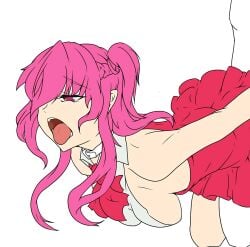 1boy 1girls ahe_gao big_breasts breasts busty character_request female hair_over_one_eye hanging_breasts highres implied_sex kneeling large_breasts legs long_hair male naughty_face open_mouth pink_eyes pink_hair sideboob teeth thighs tongue tongue_out twintails