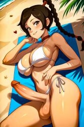 1futa avatar_legends avatar_the_last_airbender beach bikini braided_hair braided_ponytail brown_eyes brown_hair futa_only futanari hand_on_chin hi_res light-skinned_futanari light_skin looking_at_viewer lying lying_down lying_on_side marrielobste self_upload ty_lee white_bikini white_skin