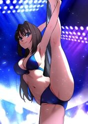 1girls 2024 aozaki_aoko armpits belly belly_button blue_eyes blue_underwear blush breasts brown_hair fukou_da_man hair_intakes legs_up mahou_tsukai_no_yoru panties pole pole_dancing smile solo solo_female solo_focus type-moon