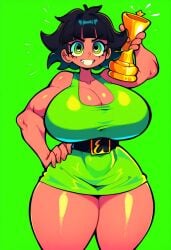 1female 1girls ai_generated belt big_breasts black_belt black_hair black_hair_female buttercup_(powerpuff_girls) cartoon_network curvy curvy_body curvy_female curvy_figure dan16369336 dress female female_only green_dress muscular muscular_female powerpuff_girls purple_eyelids short_hair short_hair_female skimpy_clothes skimpy_dress sole_female tagme trophy twitter_link wide_hips