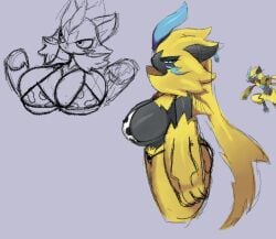 1girls artesjsc big_ass big_breasts breasts bubble_butt cleavage cow_print female furry huge_ass huge_breasts pokemon pokemon_(species) thick_thighs wide_hips zeraora