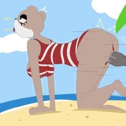 anthro ass bent_over big_ass boy_saltiest breasts broadside_beach brown_fur female fingering furry mysaltisexposed olive_otter otter pussy red_clothing shipwrecked_64 striped_clothing