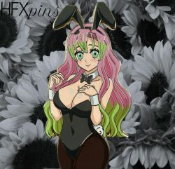 big_breasts blush bunny_ears bunny_tail bunnysuit cleavage demon_slayer hfxpins kanroji_mitsuri kimetsu_no_yaiba pink_hair