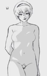 1girls breast breasts female female_focus female_only headband homestuck ilovedoggirls looking_at_viewer medium_breasts monochrome nipples nude nude_female nudity pubic_hair rose_lalonde short_hair short_hair_female sketch smug solo solo_female standing