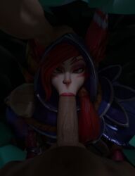 3d 3d_(artwork) :>= animal_ears bedroom_eyes big_penis blowjob blowjob_face cheating cheating_girlfriend eye_contact fellatio hand_on_head hidden_blowjob hiding hood jungle league_of_legends lipstick looking_at_viewer night nose_piercing nose_ring oldbloodnsfw orange_eyes pov pov_eye_contact red_hair riot_games self_upload simple_background vastaya white_skin xayah