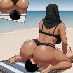 ai_generated arab_female arabian_female ass_worship beach big_butt bikini black_bikini black_bikini_bottom black_bikini_top black_bra black_mask black_panties bra civitai dominant_female enthusiastic facesitting fat_ass femdom gigantic_ass hijab hijabi horny_male huge_ass huge_butt mask mature_female milf muslim muslim_female overwhelmed panties smaller_male surprised surprised_expression sweat sweaty sweaty_butt wide_hips younger_male