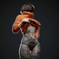 1girls 3d 3d_(artwork) abs artist_request brown_hair female fit fit_female glasses image_set short_hair stockings sweater sweater_lift tattoo tattoos thick_thighs velma_dinkley