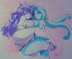 2girls aqua_eyes aqua_hair barefoot blue_skin breasts_to_breasts colored_pencil_(artwork) demon_girl dragon_ball dragon_ball_heroes female_only lagss large_breasts laying_on_side looking_at_viewer low_twintails naughtysena no_pupils oc original_character pink_eyes pink_panties pink_toenails purple_hair topless topless_female traditional_media_(artwork) white_skin