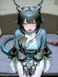 ahe_gao ai_generated arknights arknights_endfield artist_name bed belt between_legs black_gloves black_hair blue_eyes blue_jacket blush breasts chen_qianyu_(arknights) cowboy_shot cuffs dragon_girl dragon_horns dragon_tail dress female from_above gloves hair_between_eyes hair_intakes hand_between_legs horns id_card indoors jacket large_breasts long_hair long_sleeves looking_at_viewer medium_breasts miniskirt mionety mole multicolored_hair on_bed open_clothes open_jacket open_mouth oral_invitation pillow pleated_skirt shirt sidelocks sitting skirt smile solo tail thighs tongue tongue_out very_long_hair white_dress white_shirt white_skirt