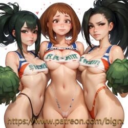 ai_generated big_breasts bigrx momo_yaoyorozu my_hero_academia ochako_uraraka thick_thighs tsuyu_asui yuri