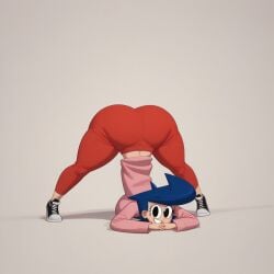 ai_generated anacoslike ass big_ass big_breasts big_butt black_eyes blue_hair breasts clothed darla_myers female female_only get_blake gigantic_ass high_quality highres huge_ass jack-o_pose looking_at_viewer pink_shirt red_pants seductive_smile solo solo_female thick_thighs untucked_shirt wide_hips