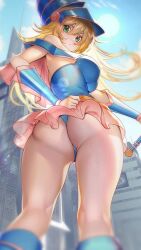 2d ass ass_focus background blonde_hair blue_panties bracers breasts butt dark_magician_girl female green_eyes nanaken_nana panties pantyshot perky_breasts shoulders tits underskirt underwear yu-gi-oh!