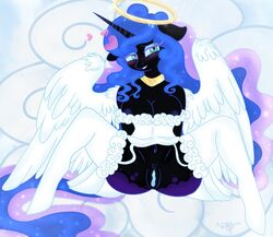 abstract_background alicorn anthro big_breasts breasts clothing corset dark_persona dress equid equine feathered_wings feathers female friendship_is_magic genitals halo heart hi_res horn lingerie looking_at_viewer mammal my_little_pony nightmare_moon_(mlp) princess_luna_(mlp) pussy solo spread_legs spreading synthsparkle topwear unguligrade_anthro wedding_dress wings