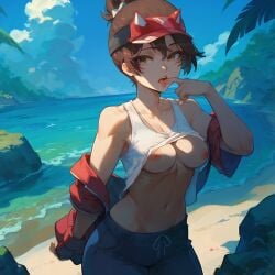 ai_generated bare_shoulders beach blue_sky breasts brown_eyes brown_hair clothes_lift cloud collarbone cowboy_shot day facial_mark female finger_in_own_mouth finger_to_mouth fingerless_gloves gloves horizon jacket kiriko_(overwatch) lifeguard_kiriko looking_at_viewer medium_breasts navel nipples no_bra ocean off_shoulder open_clothes open_jacket open_mouth outdoors overwatch overwatch_2 pants red_gloves red_jacket rock shirt_lift short_hair short_ponytail sky solo stomach teeth tongue tongue_out tree waifuoverload water white_shirt