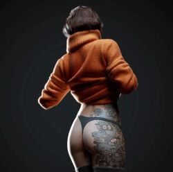 1girls 3d 3d_(artwork) abs artist_request brown_hair female fit fit_female glasses image_set scooby-doo short_hair stockings sweater sweater_lift tattoo tattoos thick_thighs velma_dinkley