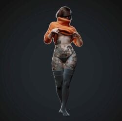 1girls 3d 3d_(artwork) abs artist_request brown_hair female fit fit_female glasses image_set short_hair stockings sweater sweater_lift tattoo tattoos thick_thighs velma_dinkley