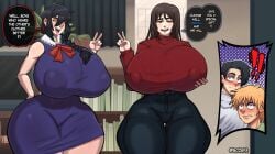 2boys 2girls aged_up big_ass big_breasts black_hair blonde_hair bozspa chainsaw_man crossover denji_(chainsaw_man) fat_ass jujutsu_kaisen nayuta_(chainsaw_man) nipples orimoto_rika tagme text thick thick_ass thick_thighs voluptuous_female yellow_eyes yuta_okkotsu