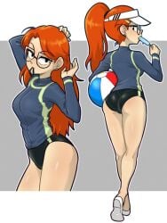 1female 1girls 2024 ass ball beach_ball cap cartoon_network centinel303 clothed clothed_female clothing female female_only glasses hand_on_hair hand_on_head holding_popsicle infinity_train lifeguard light-skinned_female light_skin long_hair long_sleeves looking_at_viewer looking_back orange_hair ponytail popsicle popsicle_in_mouth standing sucking_popsicle swimsuit swimwear tulip_olsen twitter_link white_shoes
