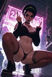 1girls ai_generated avatar_legends avatar_the_last_airbender big_ass civitai compact_body earth_kingdom female fishnets goth goth_girl huge_ass middle_finger petite small_breasts smile splashthomson squatting thong toph_bei_fong