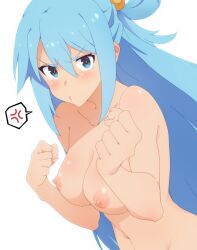 1girls angry aqua_(konosuba) areolae big_breasts blue_eyes blue_hair blush breasts female kono_subarashii_sekai_ni_shukufuku_wo! nipples nude solo solo_female tears traya