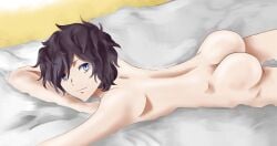 1boy artist_request ass_focus atlus black_hair blue_eyes butt devil_survivor_2 looking_at_viewer male male_only megami_tensei naked nude on_bed protagonist_(devil_survivor_2) solo