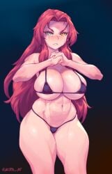 1girl agitato_art angry_expression angry_eyes angry_face big_breasts black_background cracking_knuckles female gebura_(lobotomy_corporation) library_of_ruina lobotomy_corporation muscular_female project_moon red_hair scars_on_face swimsuit swimwear voluptuous_female yellow_eyes