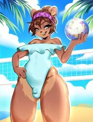 anthro ball bandana beach bear bulge clothed clothing crossdressing femboy hi_res jennifer_(jenniferfur) kerchief male mammal one-piece_swimsuit small_bulge solo sport sushiiifx swimwear thick_thighs volleyball_(ball)