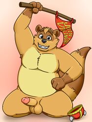 2021 anthro balls belly black_nose brown_body brown_fur canid canine english_text erection fur genitals hi_res humanoid_genitalia humanoid_hands humanoid_penis male mammal neenya overweight overweight_male oxiel_(character) penis raccoon_dog simple_background solo tanuki text viking_helmet