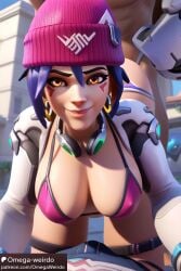 ai_generated antifragile_kira-kira beanie big_breasts doggy_style headphones kiriko_(overwatch) le_sserafim orange_eyes overwatch overwatch_2 patreon purple_hair