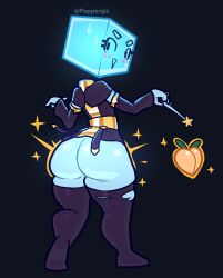 ass ass_expansion big_ass blush embarrassed floating_head from_behind glowing_skin gold_(metal) looking_at_viewer looking_back mage magic magic_wand object_head peach_(fruit) peppergiz self_upload simple_background smile sparkles sweat thighhighs wardrobe_malfunction