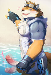 7575el anthro barrel_(live-a-hero) beach blush bottomwear canid canine canis clothing erection fingerless_gloves fur genitals gesture gloves handwear hi_res inviting lifewonders live-a-hero looking_at_viewer male male_focus male_only male_solo mammal multicolored_body multicolored_fur muscular muscular_anthro muscular_male one_eye_closed penis pointing propositioning seaside shaking_penis shorts solo_male swimwear video_games water wink wolf