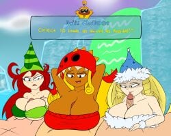 3boys 3girls betilla_(rayman) big_breasts big_penis blonde_hair breasts challenge competition competitive_sex dark-skinned_female dark_skin edith_up_(rayman) english_text faceless_male female group group_sex headwear helena_handbasket_(rayman) large_breasts light-skinned_female light_skin long_hair male nymph_(rayman) paizuri penis penis_between_breasts rayman_(series) red_hair titjob tubetop