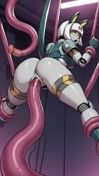 ai_generated from_behind open_mouth restrained restrained_arms restrained_by_tentacles robo-fortune robot_fortune robot_girl skullgirls tentacle tentacle_rape tentacle_sex tongue_out