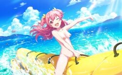 alternate_version_available banana breasts breasts_out floatie looking_at_viewer momoi_airi ocean pink_eyes pink_hair ponytails project_sekai project_sekai_card_edit water