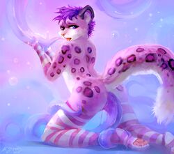 anthro big_tail bubble drewby_(drewby) felid fluffy fluffy_tail fur girly hi_res hurman male mammal pantherine pawpads paws pink_body pink_fur purple_body purple_fur slim snow_leopard solo tentacle