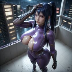 1girl ai_generated akiyama_rinko big_ass big_breasts blue_hair bodysuit from_above high_heels latex light-skinned_female light_skin purple_eyes rain stable_diffusion taimanin_(series) vilacrym wet wet_clothes