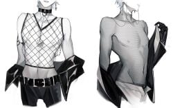 belt collar earrings gloves ike_eveland male mesh_shirt see-through_clothing see-through_top sole_male solo_male stomach upper_body vtuber vtuberfanart