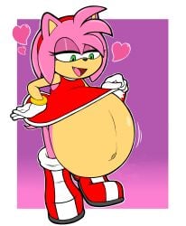 amy_rose boots color colored dress edit edited exposed_belly fang fetal_movement gael2000 green_eyes heart hedgehog huge_belly mobian_(species) no_shading outie_navel pink_fur red_boots red_dress rings_on_arms simple_background sonic_(series) sonic_the_hedgehog_(series) tiara velkno vore