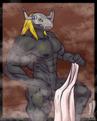 4:5 abs anthro armor balls bandai_namco barely_visible_balls barely_visible_genitalia blackwargreymon bodily_fluids digimon digimon_(species) genitals headgear helmet hi_res iudicium86 male muscular nipples pecs sauna solo steam sweat towel