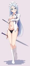 absurdres arm_under_breasts black_panties blue_eyes blue_hair blush breasts breasts_squeezed_together closed_mouth collared_shirt dagger eyebrows_hidden_by_hair female full_body grey_background groin hair_between_eyes highres holding holding_dagger holding_knife holding_sword holding_weapon ishida_seito knife large_breasts long_hair looking_at_viewer maid_headdress naked_shirt panties partial_commentary partially_unbuttoned shadow shirt simple_background socks solo standing standing_on_one_leg sword sylpha_(dai_nana_oji) tensei_shitara_dai_nana_oji_datta_no_de:_kimama_ni_majutsu_o_kiwamemasu underwear very_long_hair weapon white_shirt white_socks