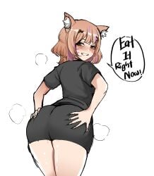 angry animal_ear_fluff animal_ears ass ass_grab blush brown_eyes brown_hair cat_ears english_text eyebrows_visible_through_hair female from_behind grin korean_text looking_at_viewer looking_back miniskirt multicolored_hair pencil_skirt shirt short_hair short_sleeves simple_background skirt smile solo squchan_(vtuber) steam sweat t-shirt teeth thick_eyebrows thick_thighs thighs vyugen white_background