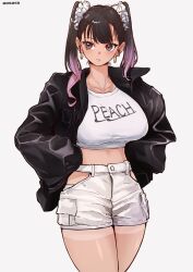 1girls aosora big_breasts black_hair black_jacket earrings gradient_hair hair_ties jacket multicolored_hair original original_character pink_eyes shorts tan_lines text white_shorts