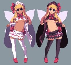 2d_(artwork) 2girls average_breasts blonde_hair blue_eyes breasts fairy fairy_wings hat lily_black lily_white namako_(takorin) no_sex pixel_art ribbon semi_clothed shoes takorin tights touhou wings