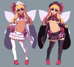 2d_(artwork) 2girls average_breasts blonde_hair blue_eyes breasts fairy fairy_wings full_body hat lily_black lily_white namako_(takorin) no_sex pixel_art ribbon semi_clothed shoes skirt standing takorin thighhighs tights touhou underboob wings