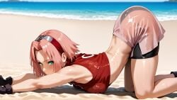 1girls ai_generated arched_back armpit armpits back back_arch black_shorts breasts cat_pose covered_nipples elbows female female_only gloves green_eyes human krispykenny kunoichi naruto naruto_(classic) naruto_(series) naruto_shippuden ninja nipple_bulge pink_hair pose posing pressing_breasts sakura_haruno sandals shorts shoulders sleeveless sleeveless_shirt solo transparent transparent_clothing wet