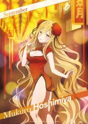 ass bare_arms bare_legs bare_thighs big_breasts blonde_hair blush braid breasts chinese_clothes cleavage closed_mouth date_a_live hair_bun hoshimiya_mukuro long_hair official_art red_dress thighs tongue_out yellow_eyes