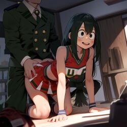 1boy ai_generated all_fours athletic_female boku_no_hero_academia cheerleader crossed_eyes female frog_girl from_behind from_below green_eyes green_hair human indoors light-skinned_male medium_breasts my_hero_academia no_panties open_mouth partially_clothed revealing_clothes sex skirt tsuyu_asui u.a._cheerleader_outfit