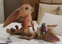 3_toes 4_fingers absurd_res anal anal_sex animal_genitalia anthro balls bed bedroom black_nose canid canine canine_genitalia chip_(mlbb) claws closed_eyes countershading crossover disney duo english_text erection feet fennec_fox fingers finnick_(zootopia) fox furniture genitals hi_res huge_ears knot lying male male/male mammal mobile_legends nude on_back paws penetration penis pillow pink_penis rasterraccoon size_difference slightly_open_mouth smaller_male smile standing_on_partner tan_body text toes true_fox watermark zootopia